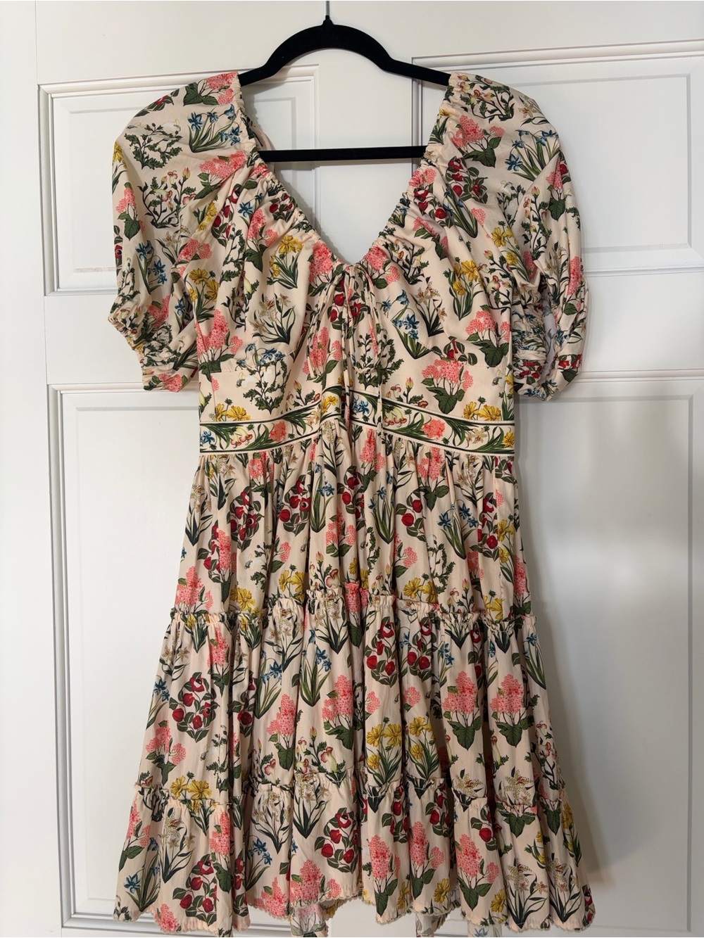 Agua Bendita Floral Tiered Puff-Sleeve Dress - Cream with Pink & Green